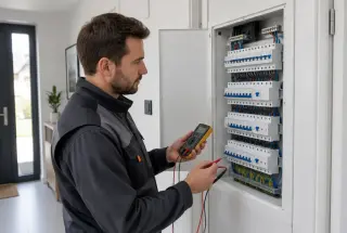 Électricien inspectant un tableau électrique résidentiel avec des disjoncteurs et des interrupteurs différentiels.