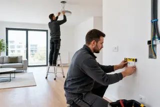 Électricien installant une prise murale et un plafonnier dans un séjour en rénovation.